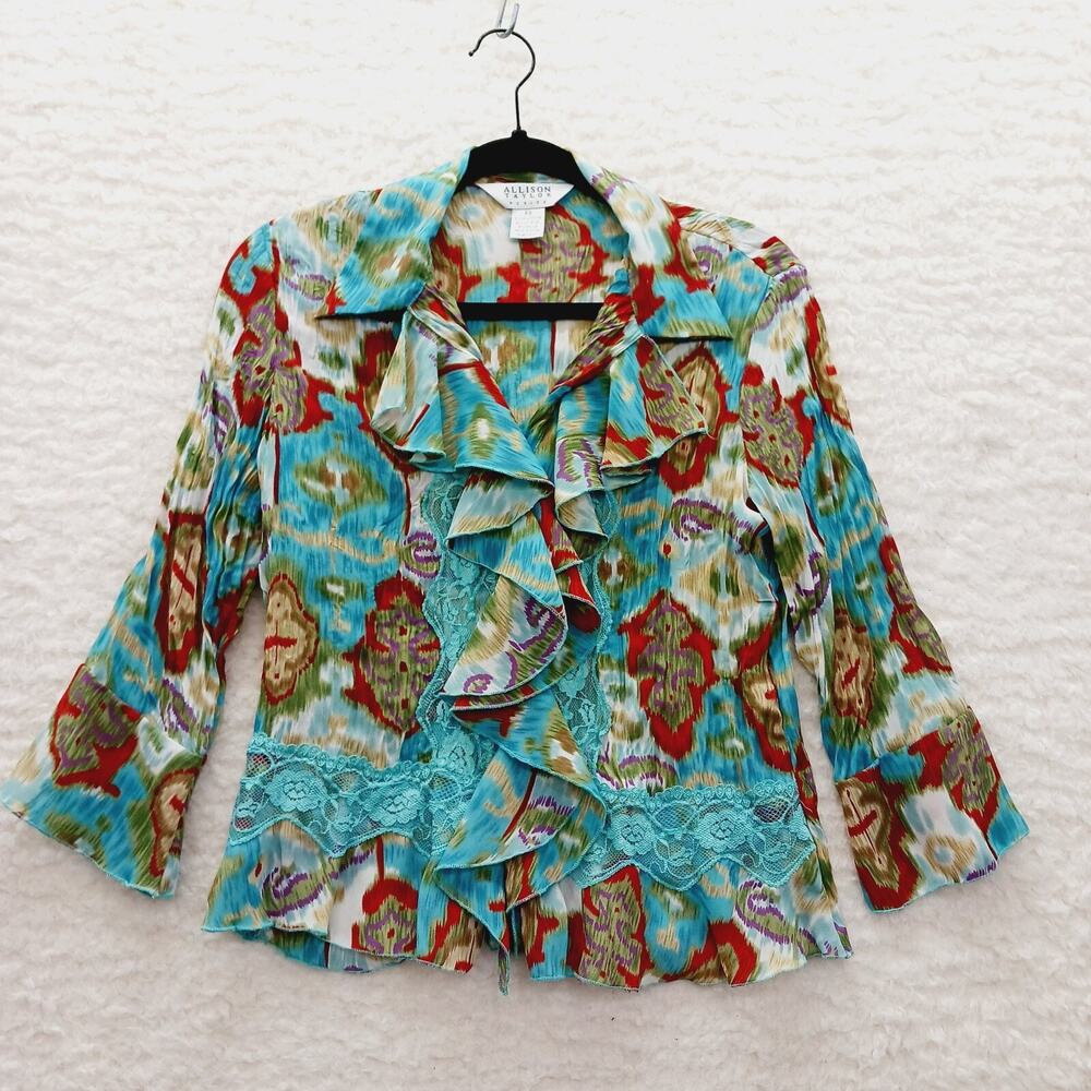 Blouse Button-Up Ruffles Blue Lace Sheer Fairycore Whimsycore Long Sleeve Sz PS